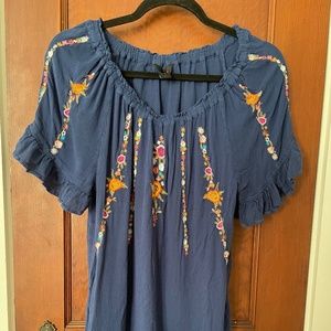 Intro Blue Shirt Blouse Size S embroidered flowers